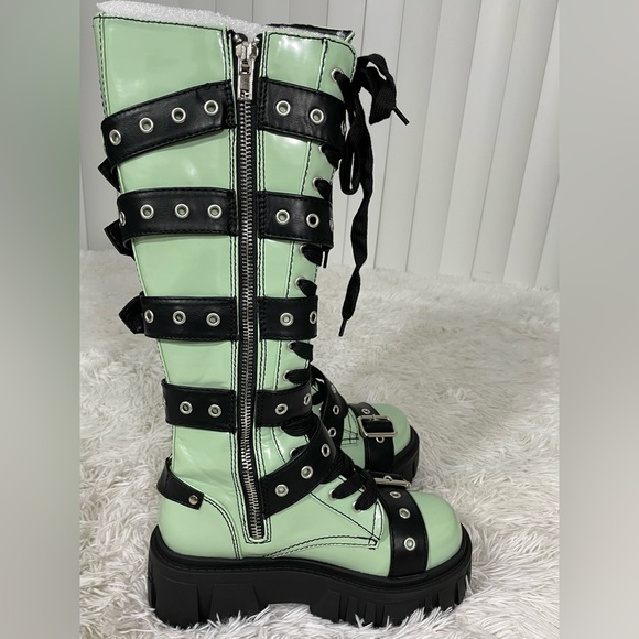 💔SOLD💔CURRENT MOOD Artistic Anarchist Tall Knee High Buckle Combat Boots Green 8 - Picture 8 of 13